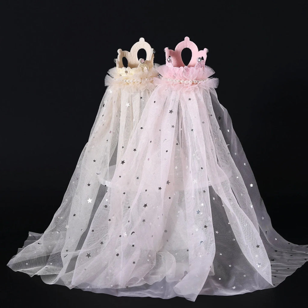 Princess crown headdress for cats on a beige or pink cotton polyester veil