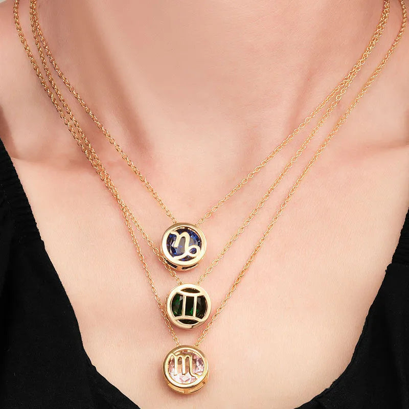 Gold twelve constellations necklace with copper zodiac pendant on clavicle chain