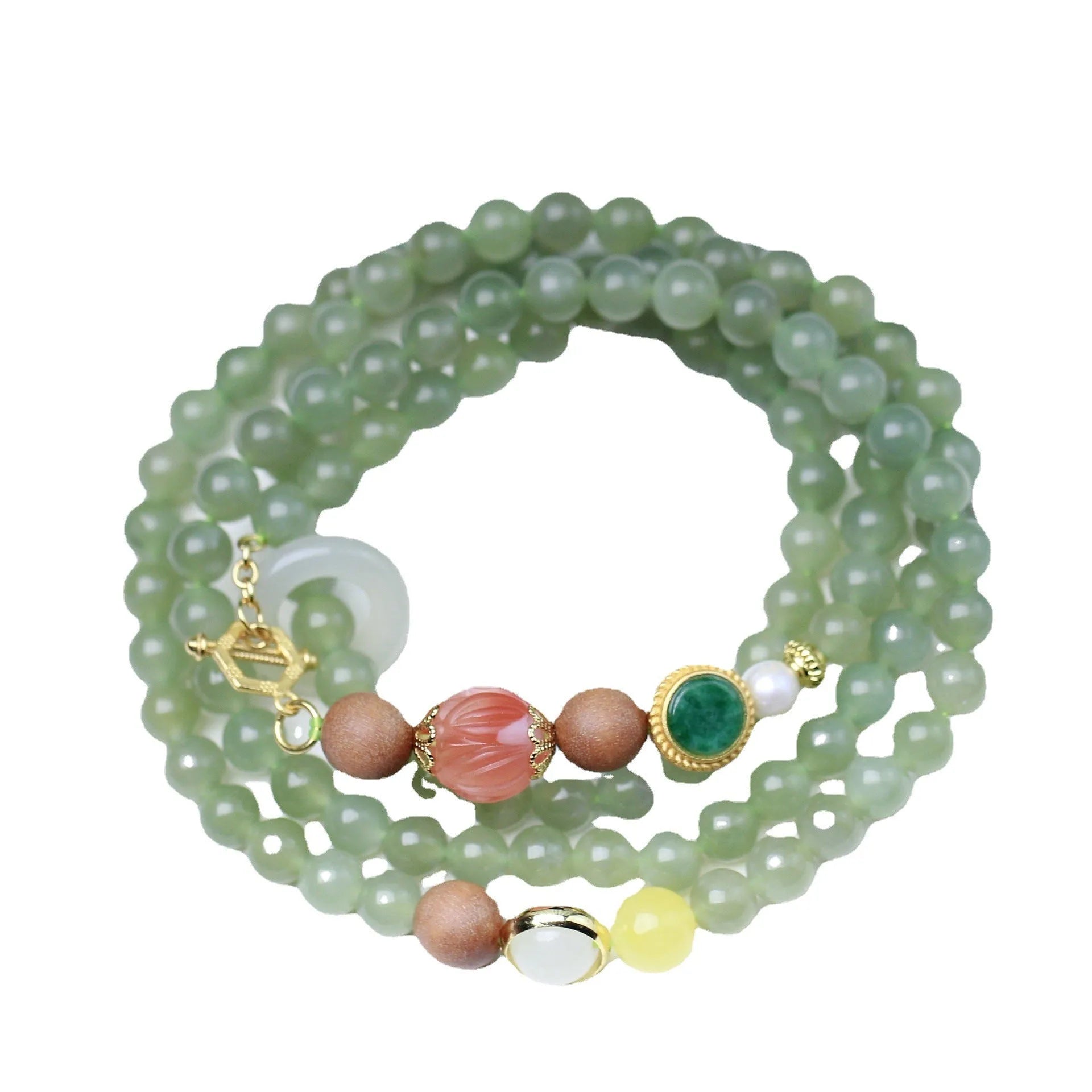 Hand-carved red Hetian Jade lotus bead necklace with white sandalwood beads, beeswax pendant, and zodiac charm.