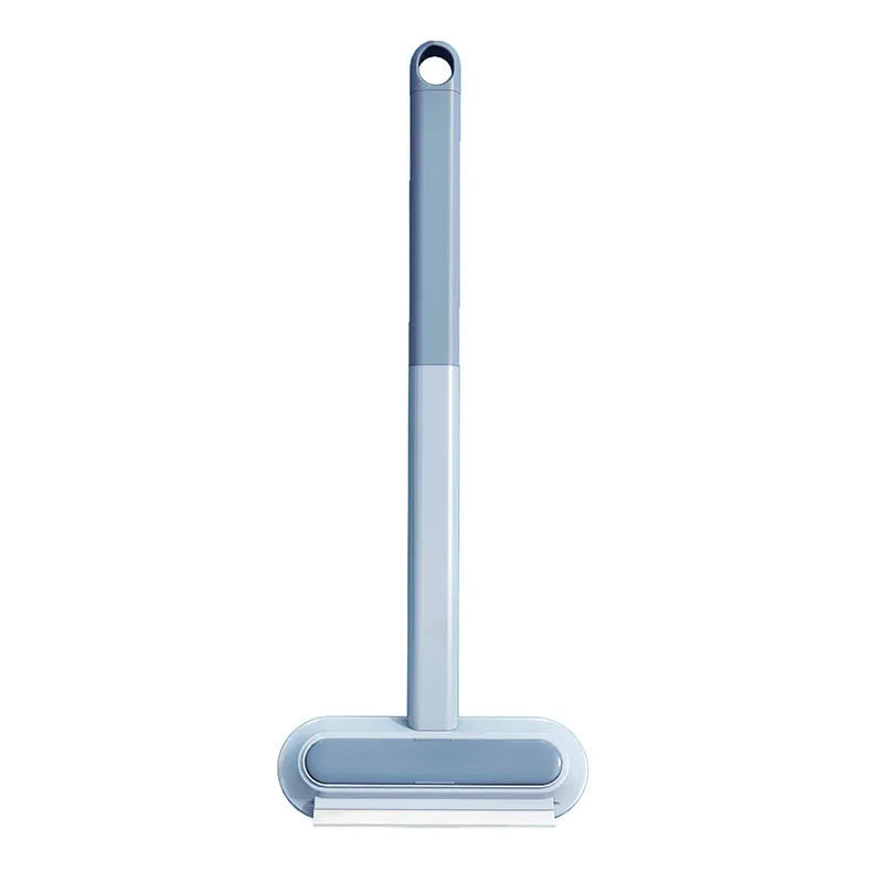 Multifunctional hair removal and window screen cleaning brush with blue flannel head and white plastic handle.