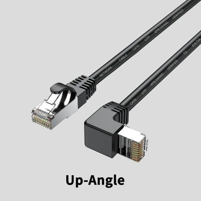 Black Cat6 Ethernet cable with right-angle metal RJ45 connector showing different orientation options