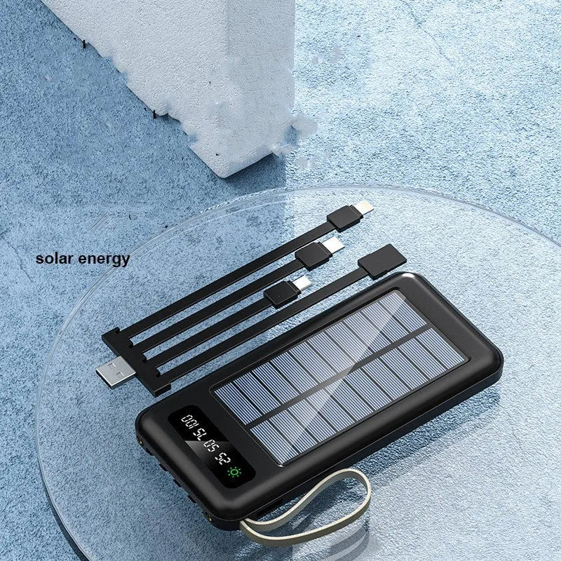 Cool black and ivory white solar power bank showing front display and solar panel.