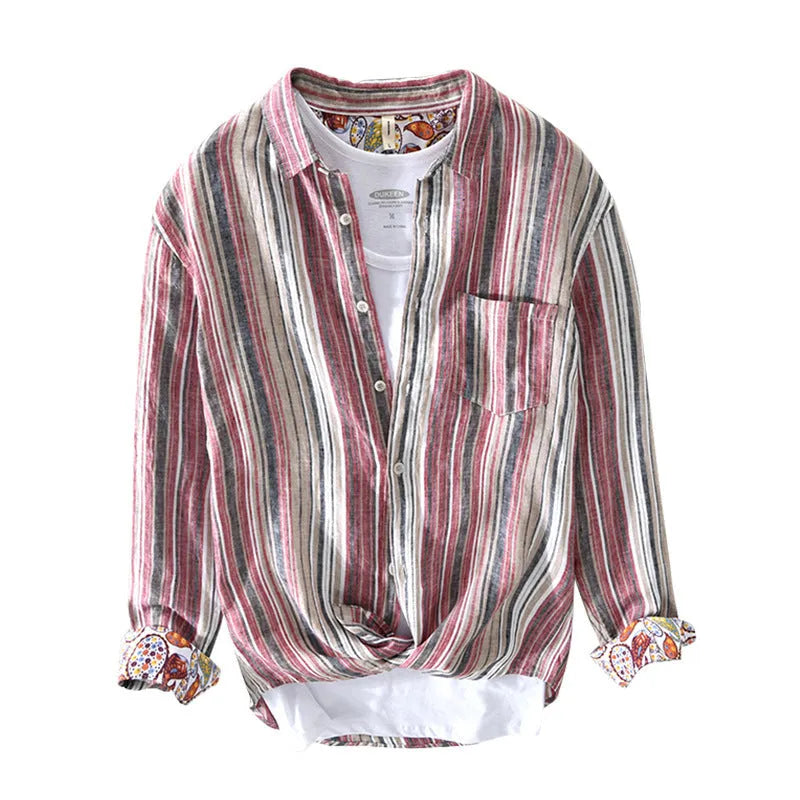 Men's striped linen casual shirt in red or grey with long sleeves and loose fit