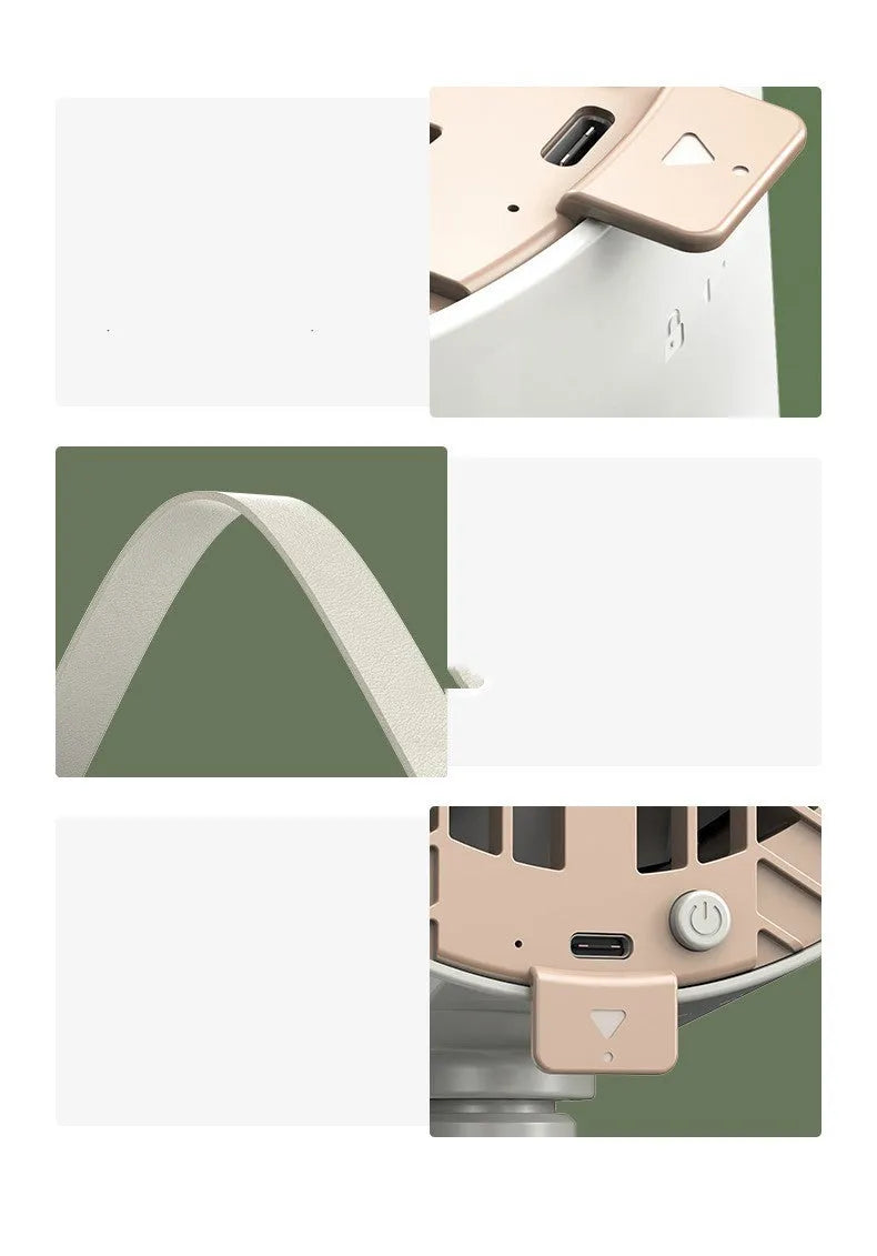 Milk white portable desktop exhaust fan with USB cable and removable filter on a kitchen countertop