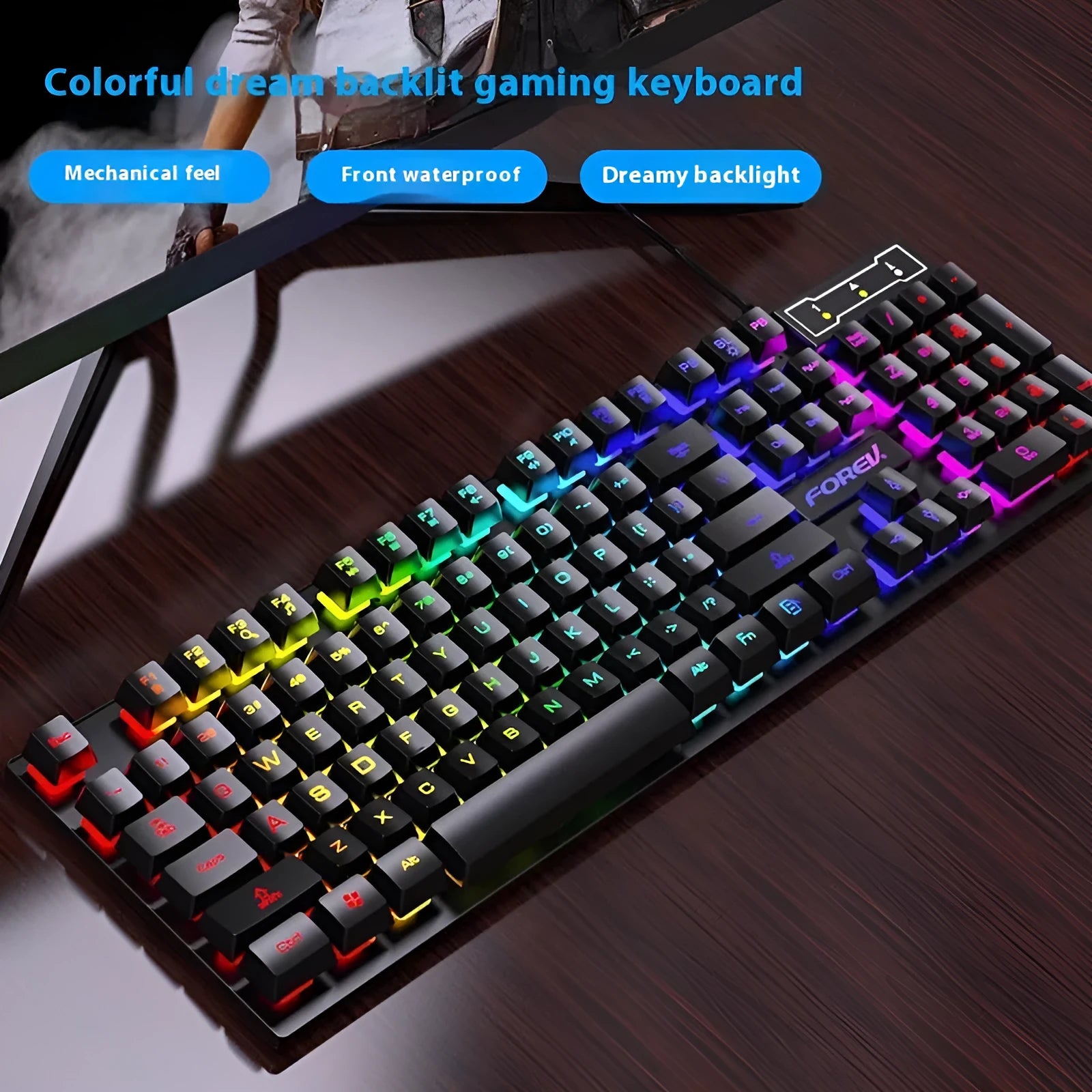 Black portable gaming keyboard with 104 backlit keys and matching mouse