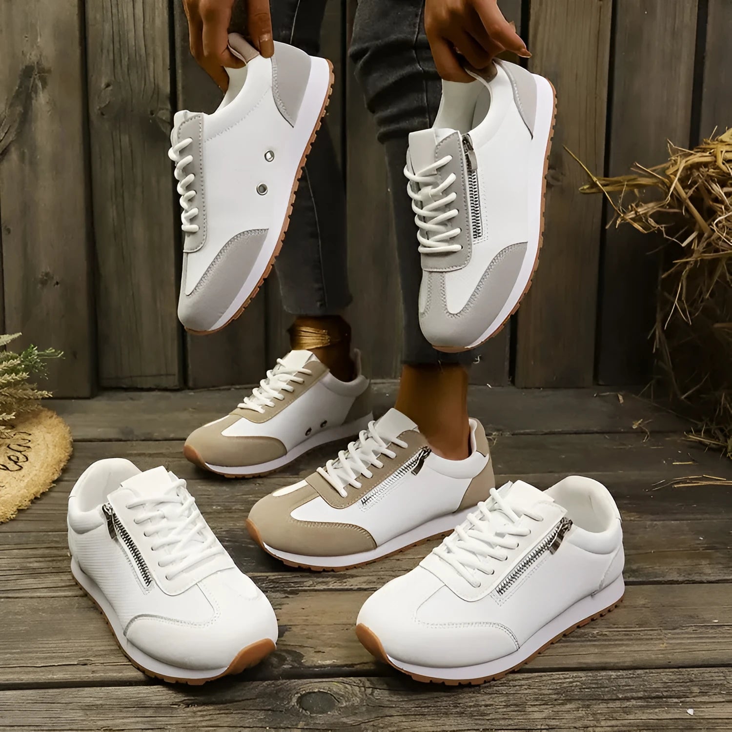Women's flat-heeled shoe in artificial PU, available in grey, white, and champagne, with a rubber sole