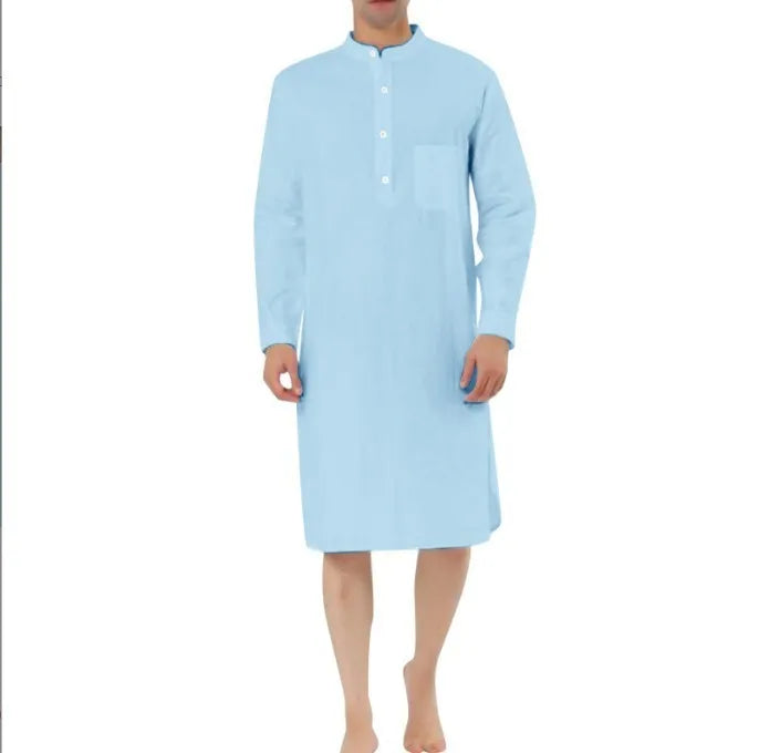 Men's shirt-style cotton robe in multiple colour options on a size chart.
