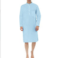 Men's shirt-style cotton robe in multiple colour options on a size chart.