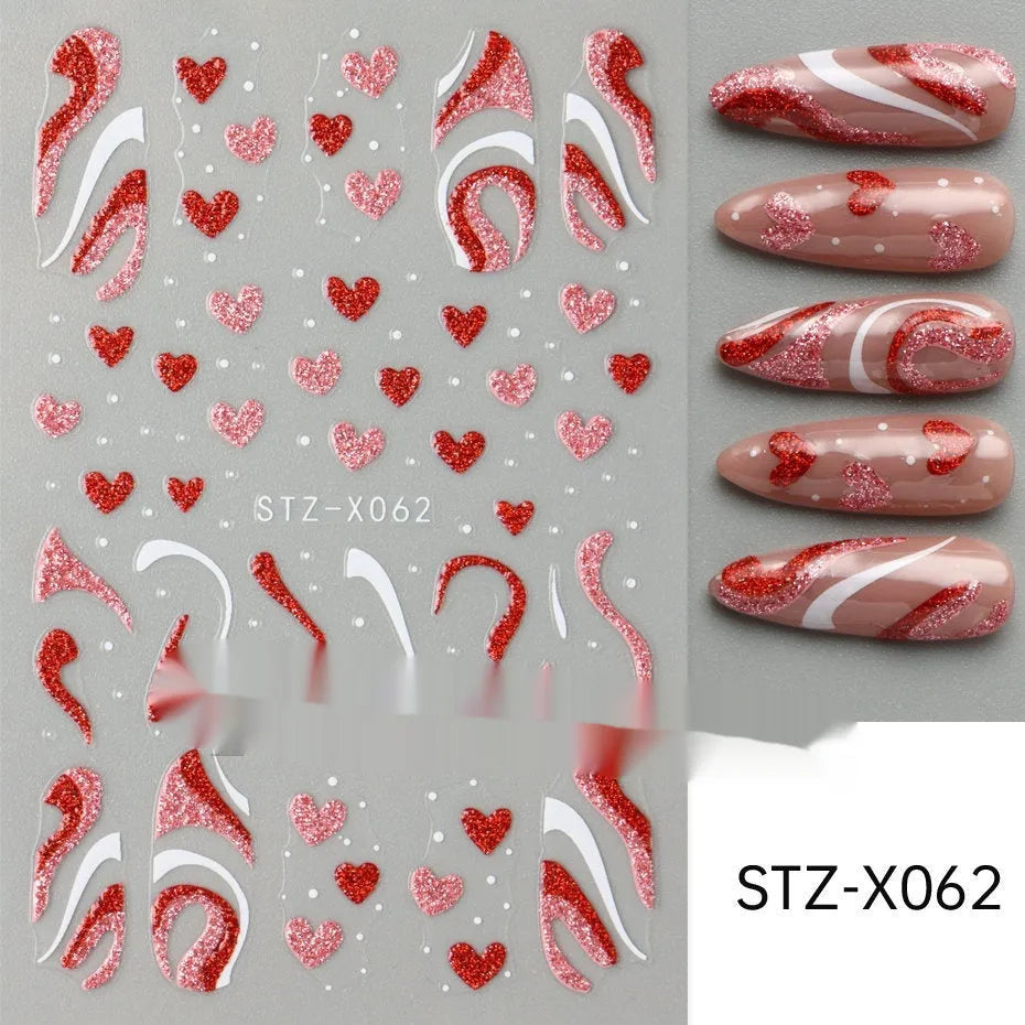Cartoon nail art stickers sheet with black and silver love heart designs