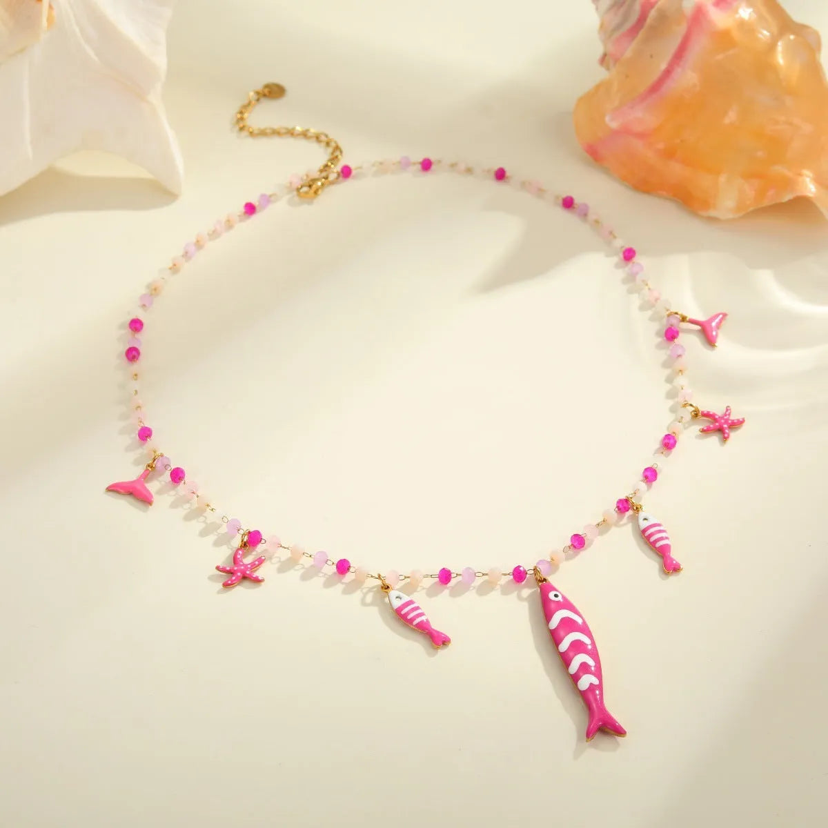 Stainless steel fish pendant necklace with colourful beads, 18K electroplated, pink or blue, 41-50cm chain