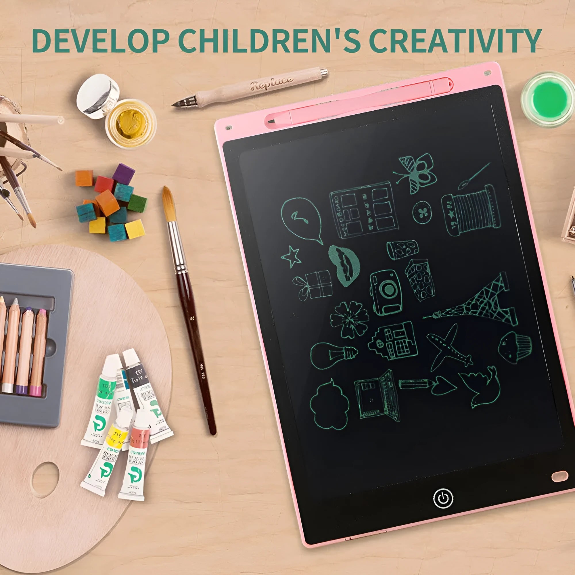 LCD drawing tablet with plastic stylus on colour screen showing child's drawing