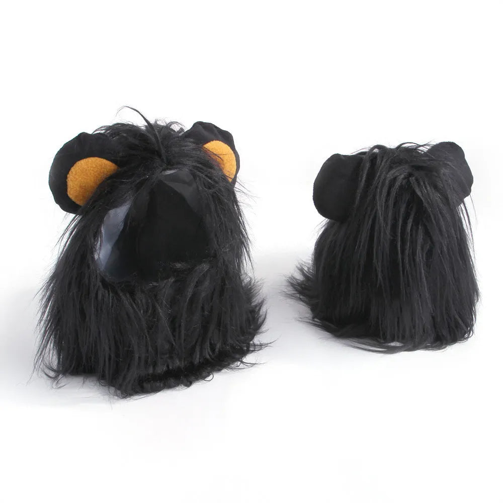 Pet lion headgear wig hat costume on cat with adjustable strap in black colour