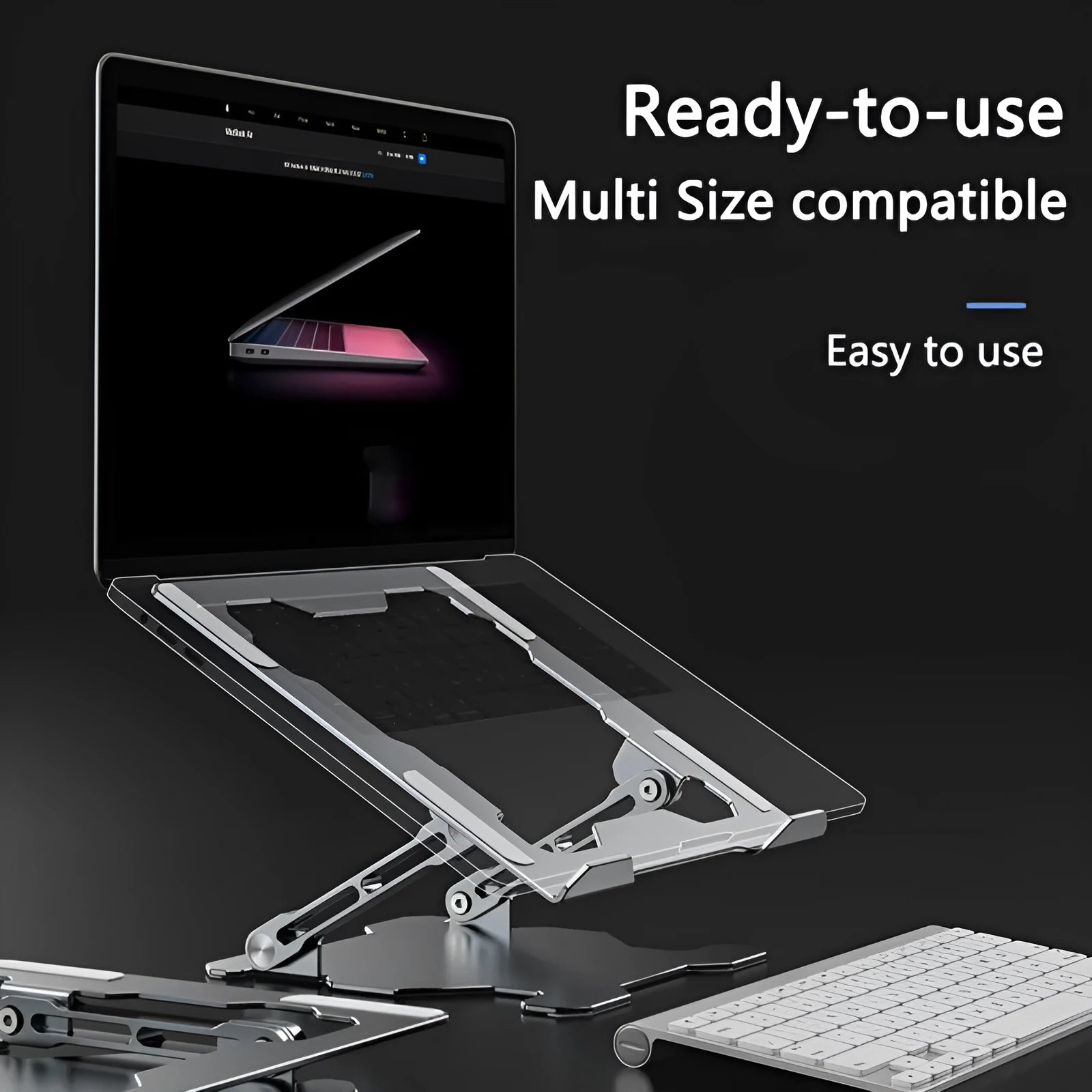Grey aluminium laptop stand with adjustable angle, shown holding a silver laptop.