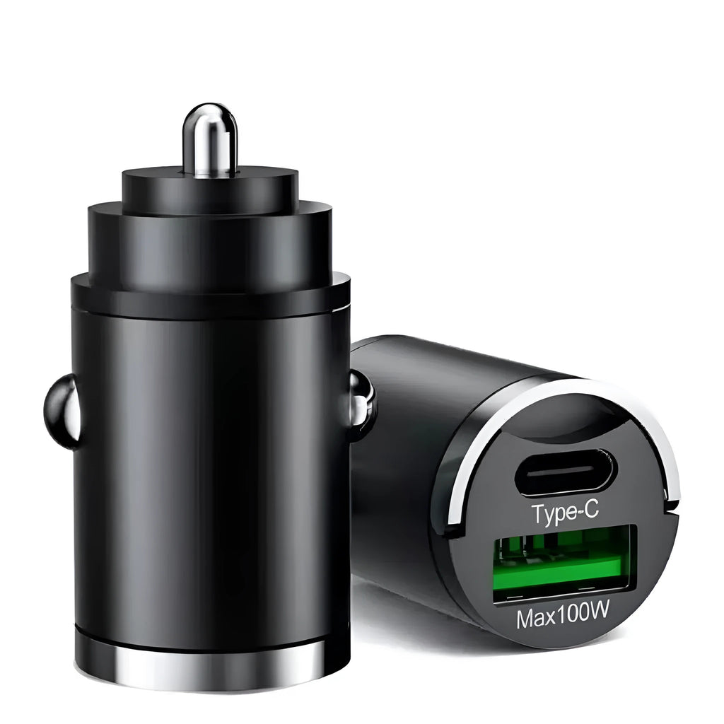 Black metal car charger with pull-tab design and USB charging port