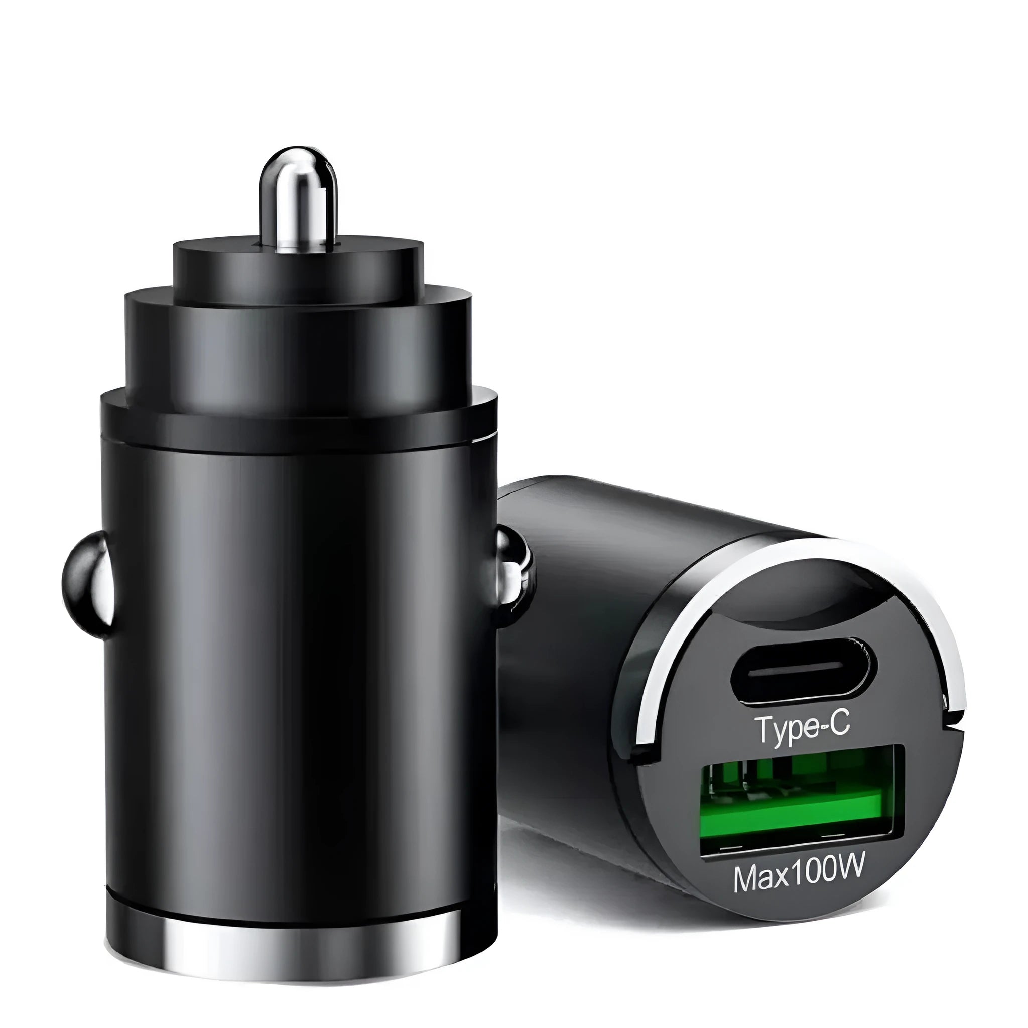 Black metal car charger with pull-tab design and USB charging port