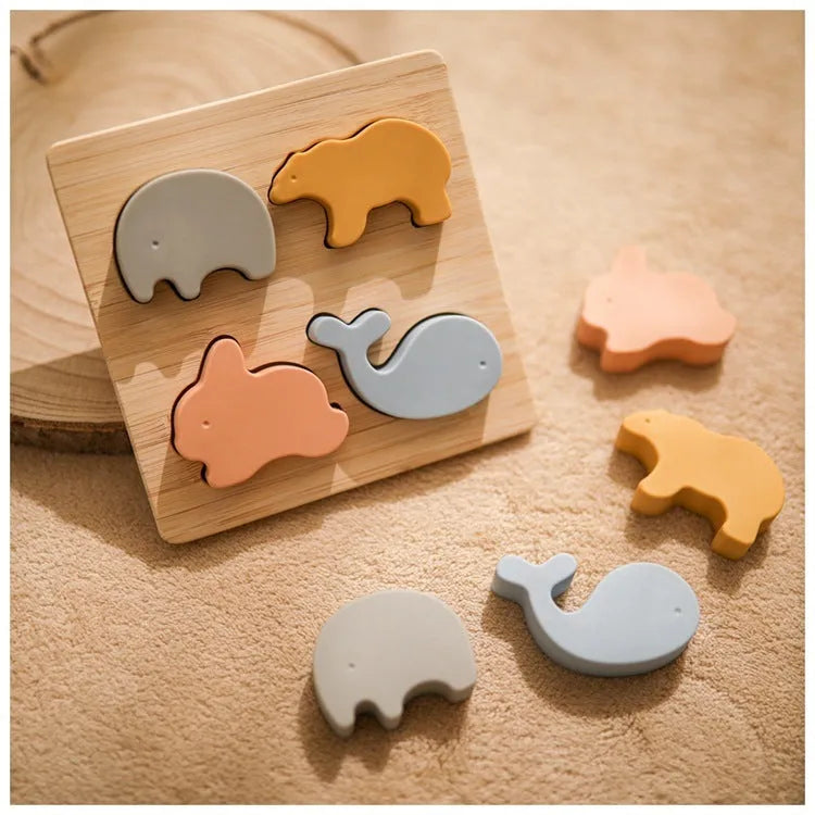 Food grade silicone baby animal puzzle toys three-dimensional building blocks in primary colour