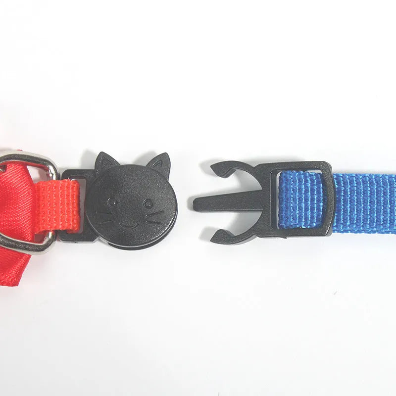 Adjustable nylon pet collar with striped cartoon pattern and bell in multiple colour options