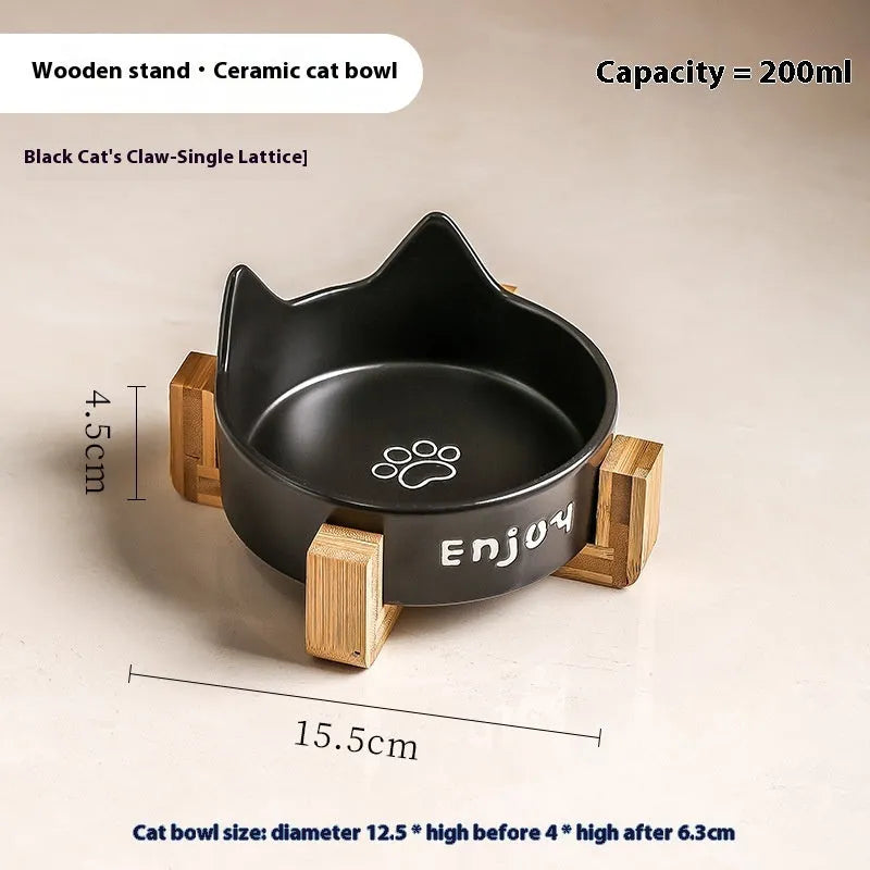 Porcelain cat food and water bowl set with wooden anti-tumble frame in various colours