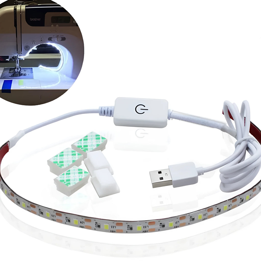 Flexible USB LED light strip bent into a curve, showing individual beads and touch control pad.