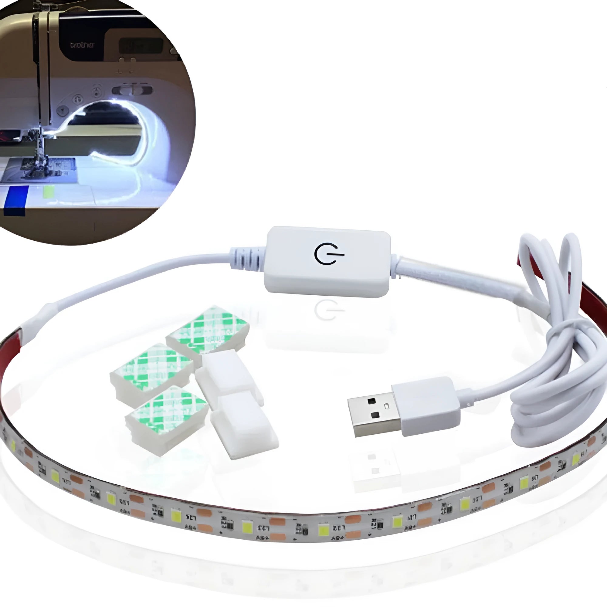 Flexible USB LED light strip bent into a curve, showing individual beads and touch control pad.