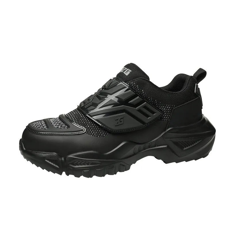 Black safety shoes with steel toe cap and anti-puncture sole, showing woven mesh fabric and TPU upper construction