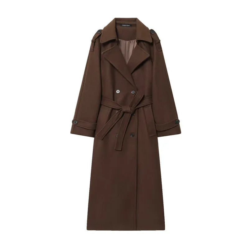 Women's double-breasted long wool coat in black, regular fit, medium thickness, with pockets