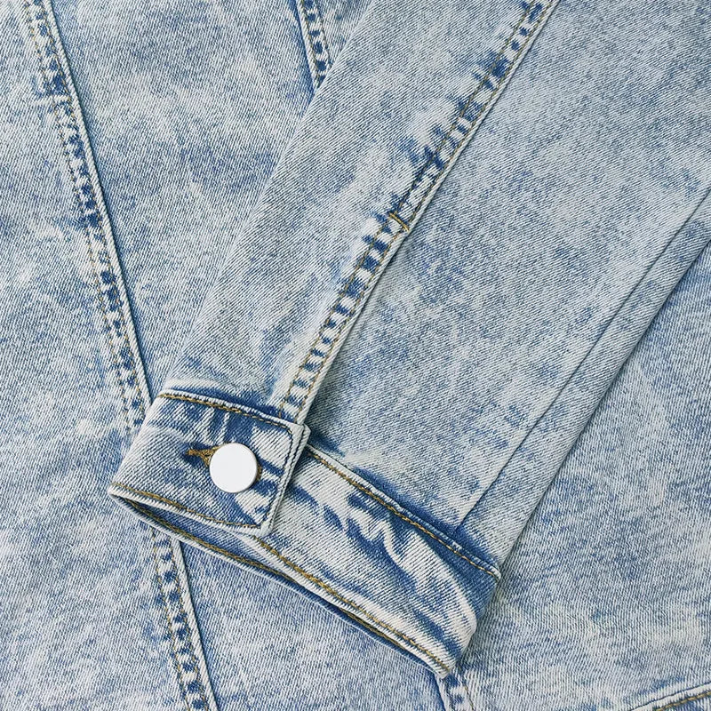 Men's slim fit blue denim shirt jacket with polo collar and size stick pocket on chest
