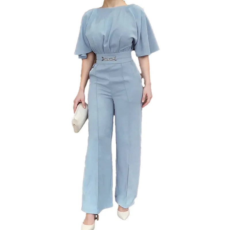 Blue men's two-piece casual suit with long sleeve polyester top and trousers