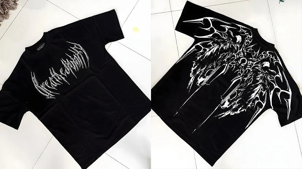 Dark coloured plus size cotton T-shirt with gold gilding detailing on short sleeves