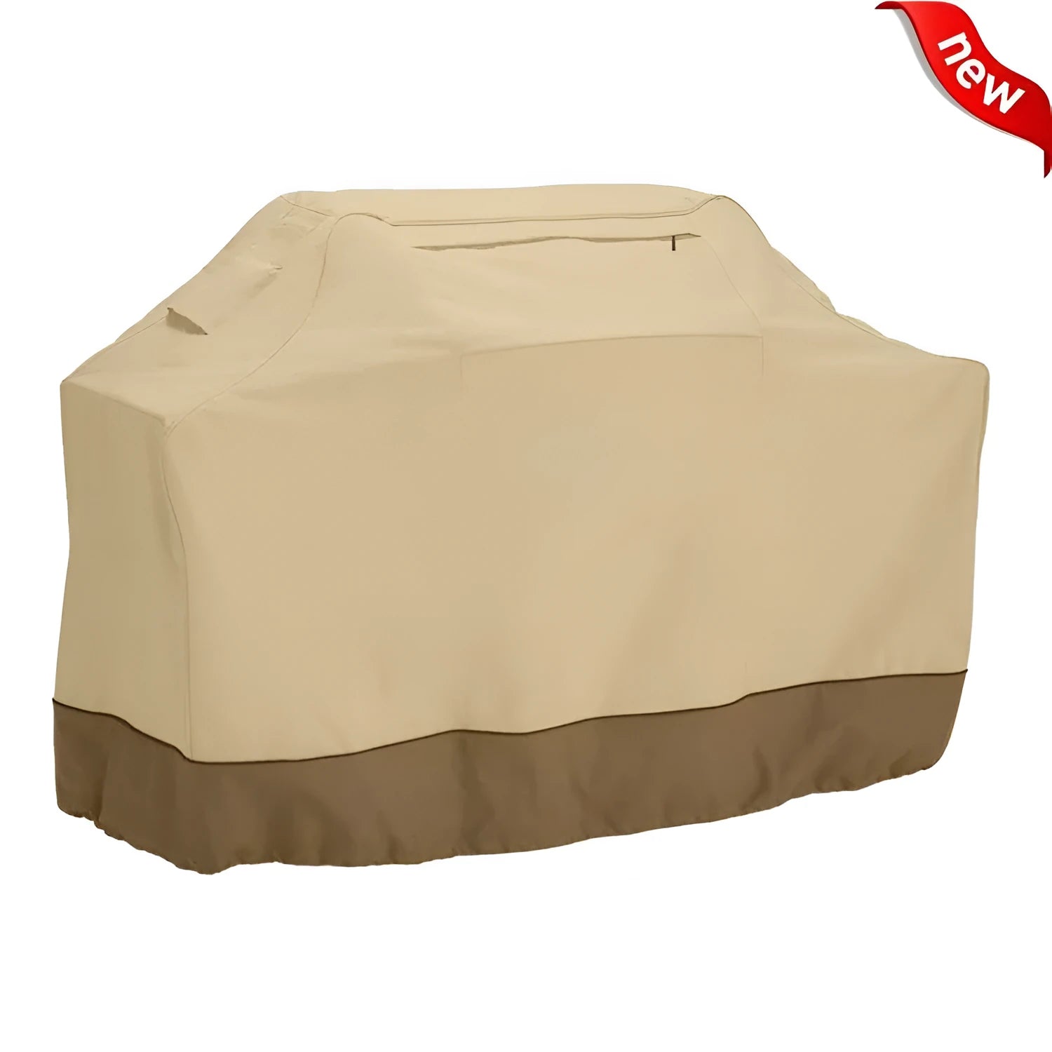 Beige ribbed polyester barbecue cover shown draped over a garden grill in a Nordic style.