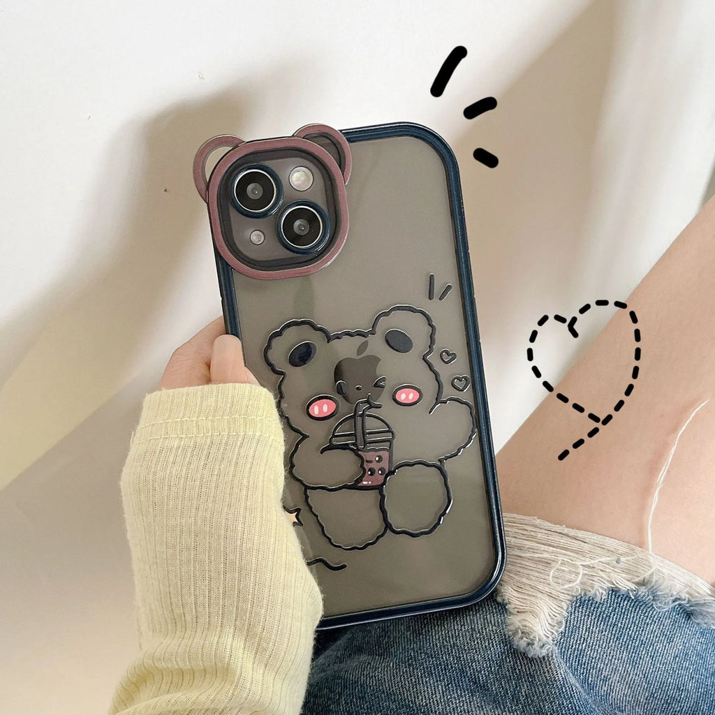 New Bear Photo Frame Phone Case TPU Drinking Milk Tea Bear for iPhones