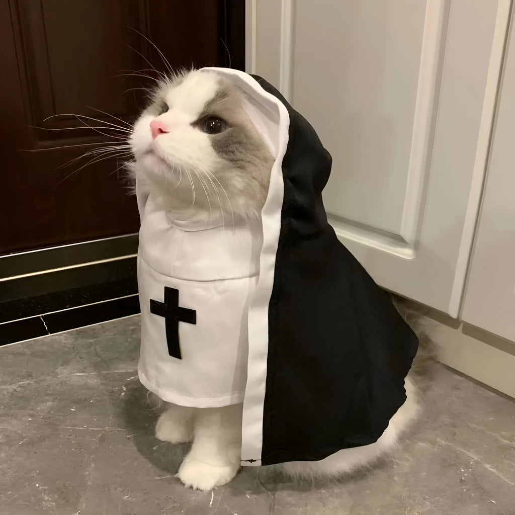 Black and white dog nun costume with cloak for Halloween pet parties