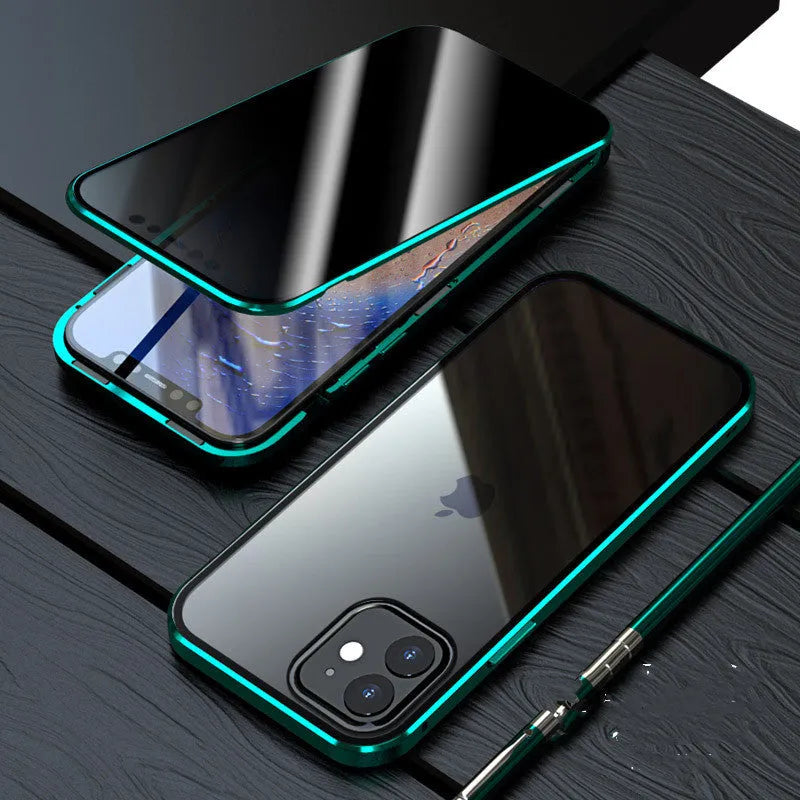 Magnetic anti-spy tempered glass back cover case for iPhone in black, shown on a phone.