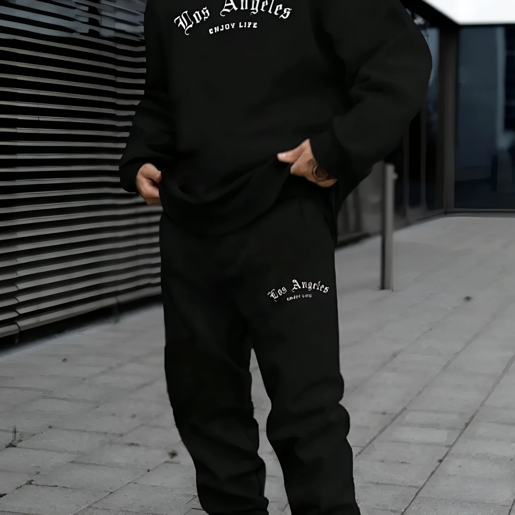 Men's grey hooded sweater tracksuit set with matching pullover hoodie and trousers