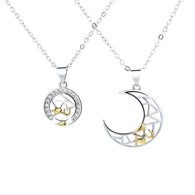 Sun Moon Tooth Couple Necklace with electroplated copper pendant and cross chain in celestial design