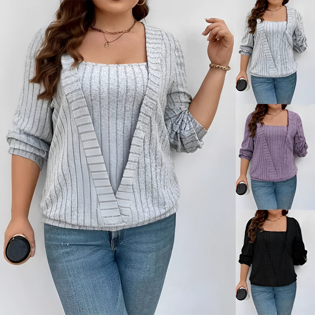 Women's solid colour rib fabric V-neck long sleeve false two-piece top in loose fit.