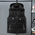 Men's black thickened polyester vest with removable cap and slant pocket