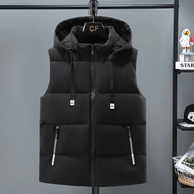 Men's black thickened polyester vest with removable cap and slant pocket
