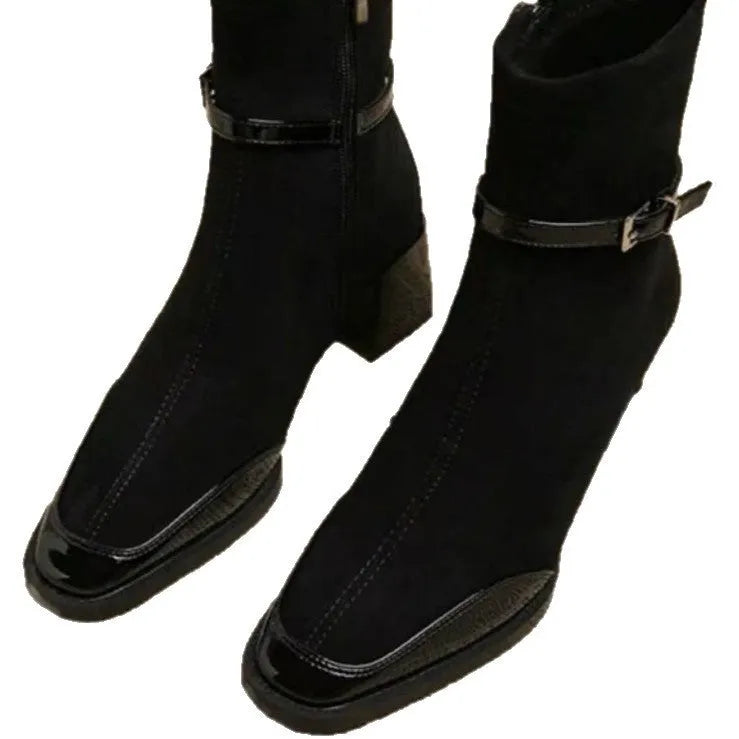 Retro French British style black suede ankle boots with square toe and thick heel