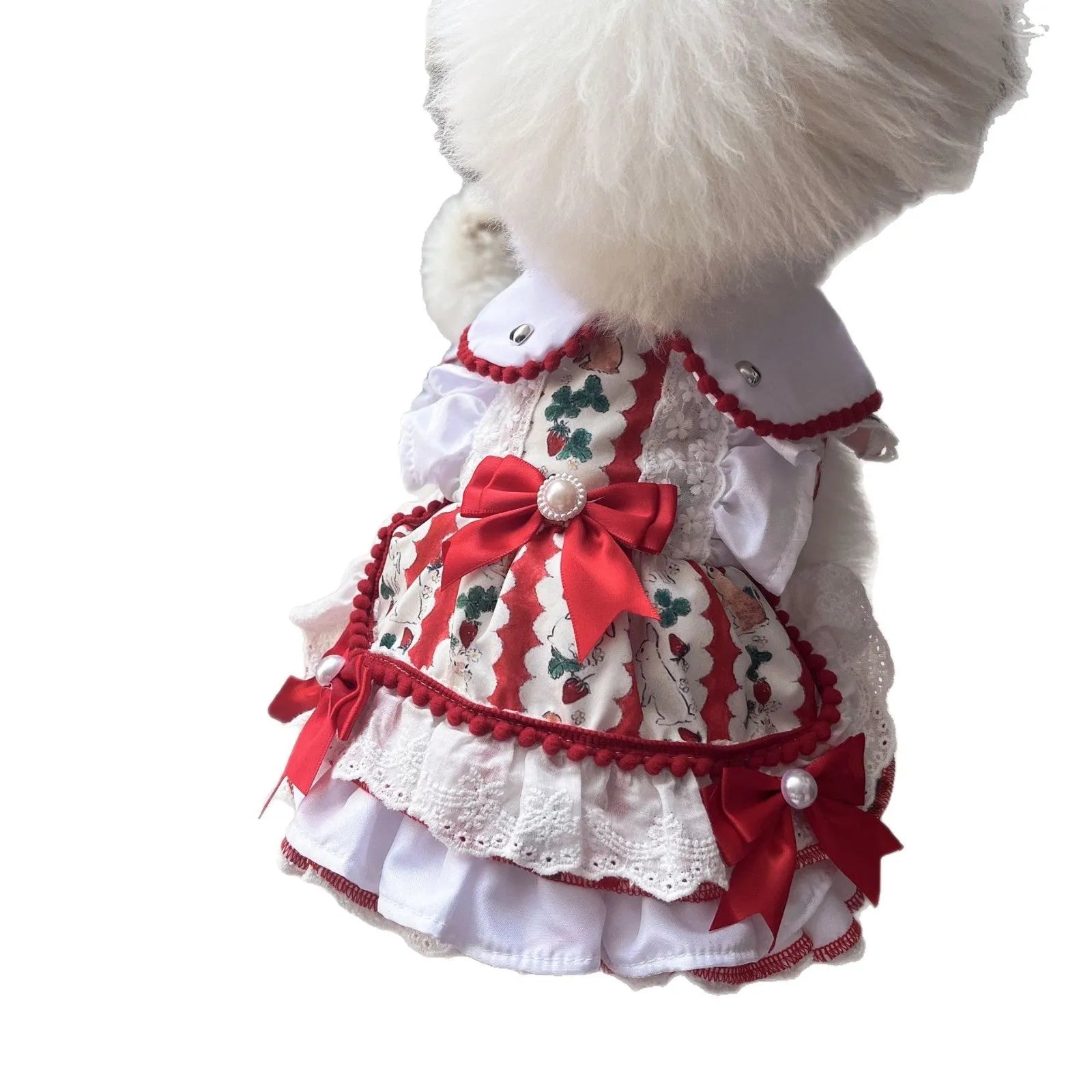 Princess style rabbit skirt dog dress in polyester on a small dog mannequin, showing the flared skirt design.