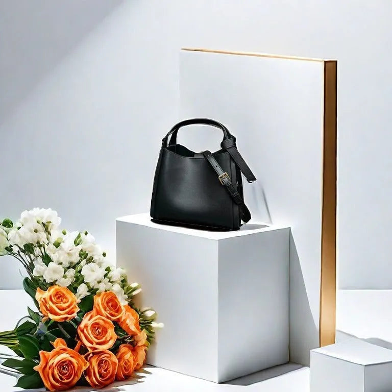 Women's tea brown genuine leather crossbody bag with bucket shape and crossbody strap