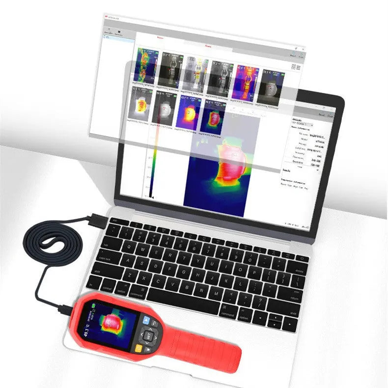 UTi series handheld infrared thermal imager showing a thermal image on its 2.8-inch screen.