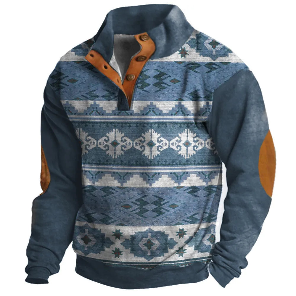Man's loose fit grey sweater with blue 3D geometric digital print pattern and four-button front.