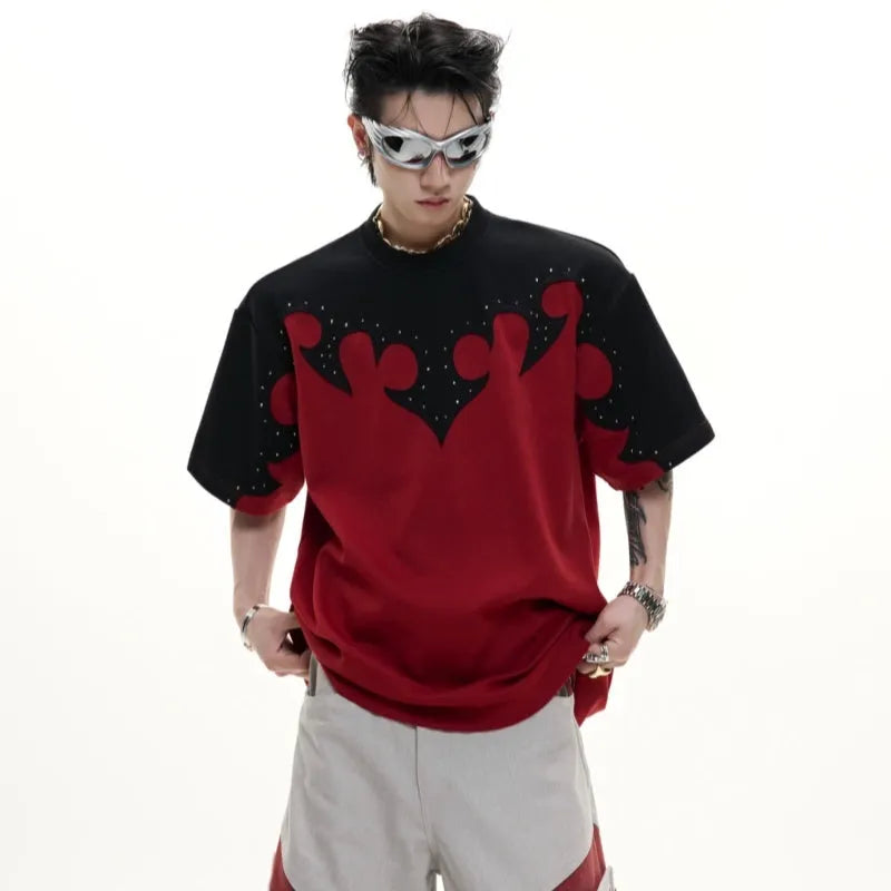 Men's grey cotton short sleeve shirt with 3D stitching and rhinestone flower embroidery detail