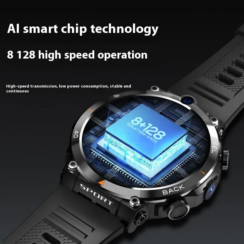 Multi-functional sports smartwatch with dual cameras on the wrist, showing a TFT touch screen display.