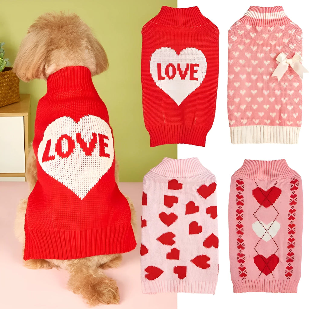 Red dog jumper with a white love heart and bow design on a small dog.