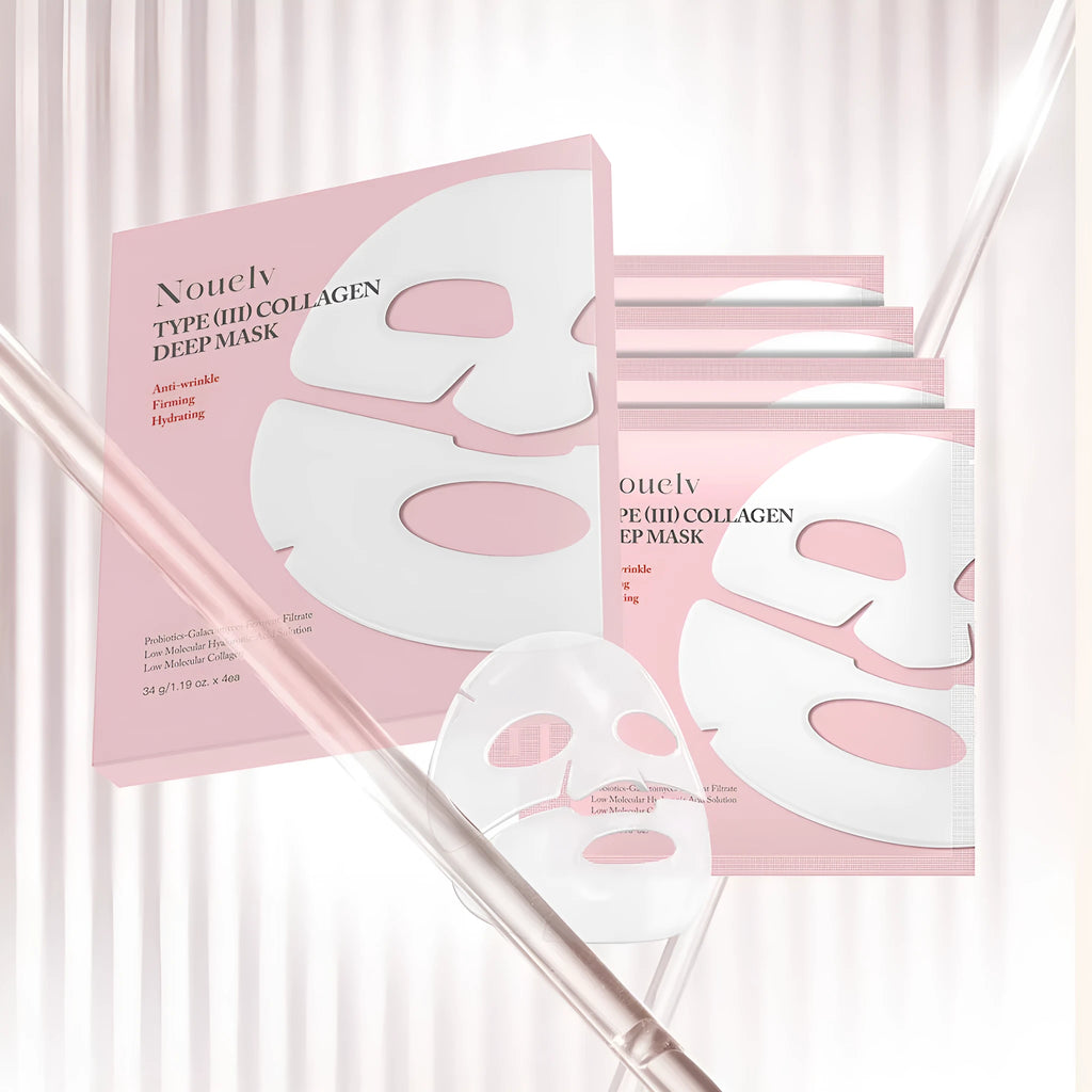 Box containing four collagen sheet face masks for skin moisturising and rejuvenation