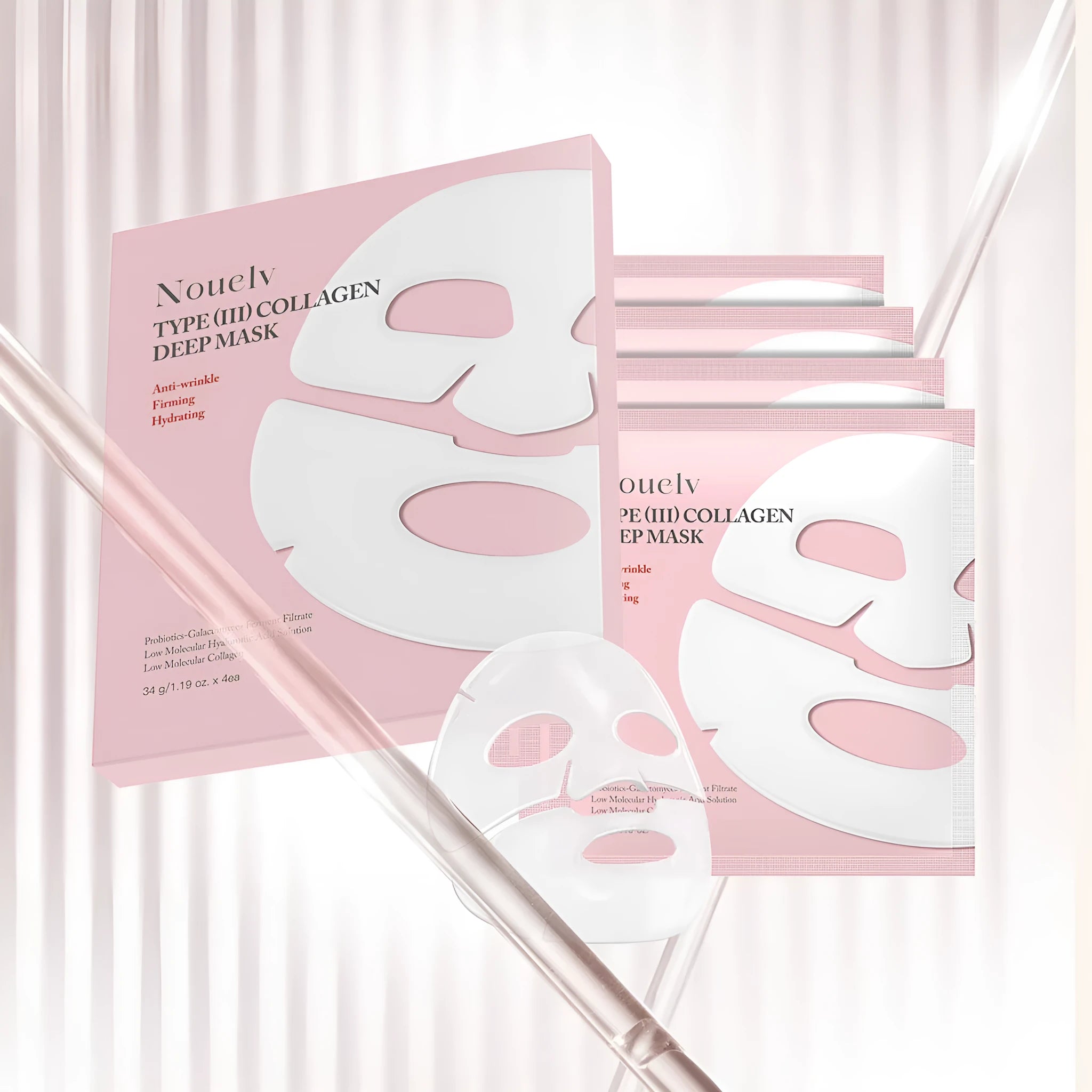 Box containing four collagen sheet face masks for skin moisturising and rejuvenation