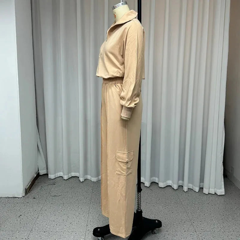 Women's light camel workwear set with lapel top and high-waist wide-leg trousers