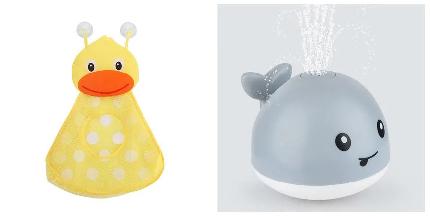 Automatic water spray whale bath toy with LED lights for baby sensory play